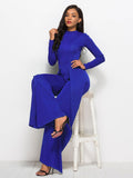 Long Sleeve Mock Neck Wide Leg Jumpsuit - Fashion Bug Online