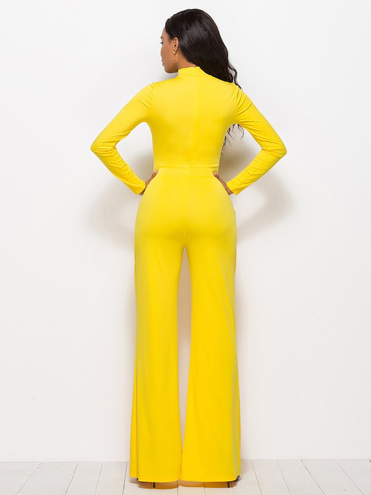 Long Sleeve Mock Neck Wide Leg Jumpsuit - Fashion Bug Online