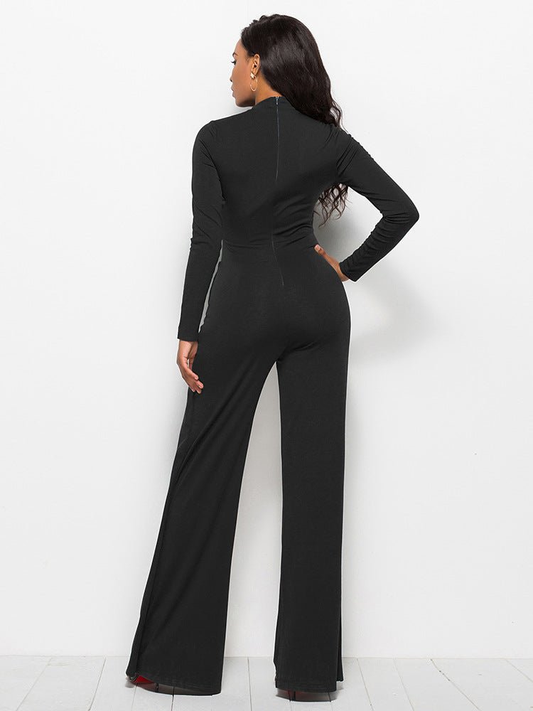 Long Sleeve Mock Neck Wide Leg Jumpsuit - Fashion Bug Online