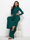 Long Sleeve Mock Neck Wide Leg Jumpsuit - Fashion Bug Online