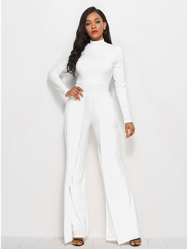 Long Sleeve Mock Neck Wide Leg Jumpsuit - Fashion Bug Online
