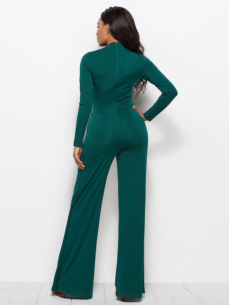 Long Sleeve Mock Neck Wide Leg Jumpsuit - Fashion Bug Online