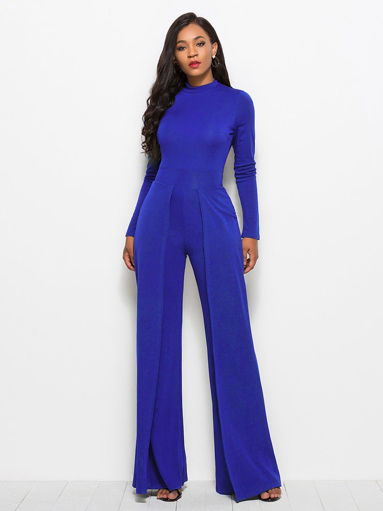 Long Sleeve Mock Neck Wide Leg Jumpsuit - Fashion Bug Online