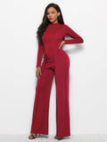 Long Sleeve Mock Neck Wide Leg Jumpsuit - Fashion Bug Online