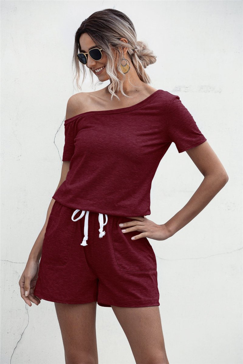 One Shoulder Tie Waist Romper - Fashion Bug Online