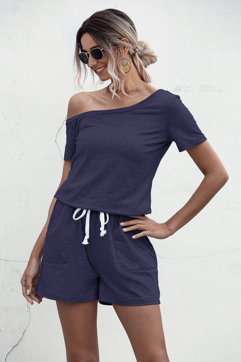 One Shoulder Tie Waist Romper - Fashion Bug Online
