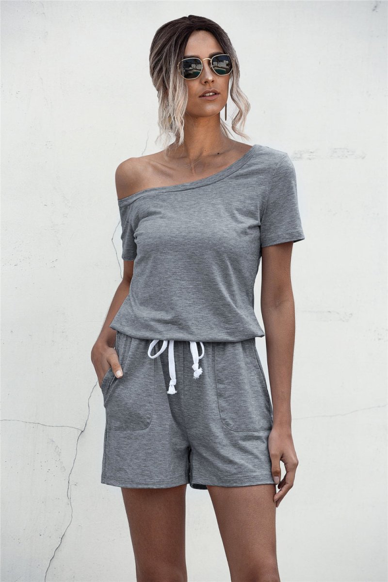 One Shoulder Tie Waist Romper - Fashion Bug Online