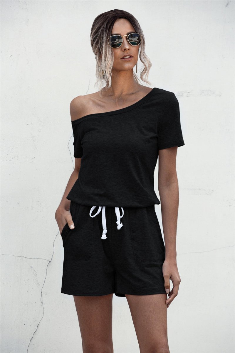 One Shoulder Tie Waist Romper - Fashion Bug Online