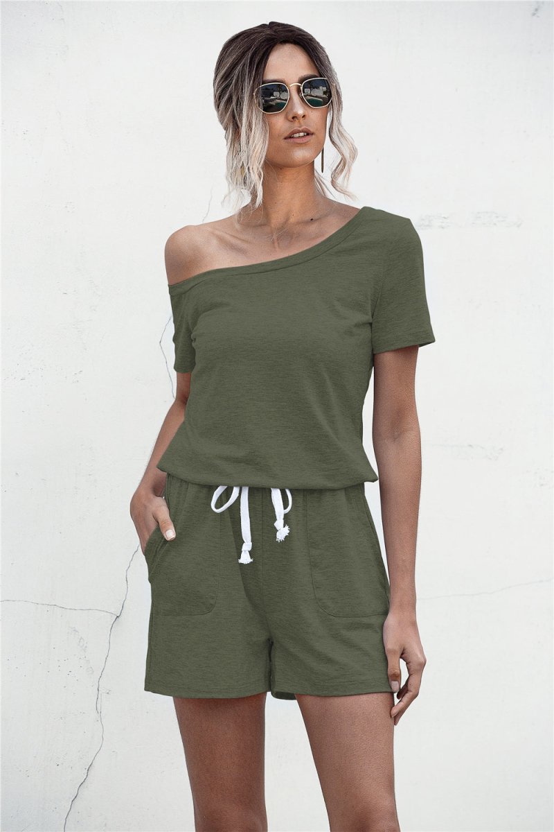 One Shoulder Tie Waist Romper - Fashion Bug Online