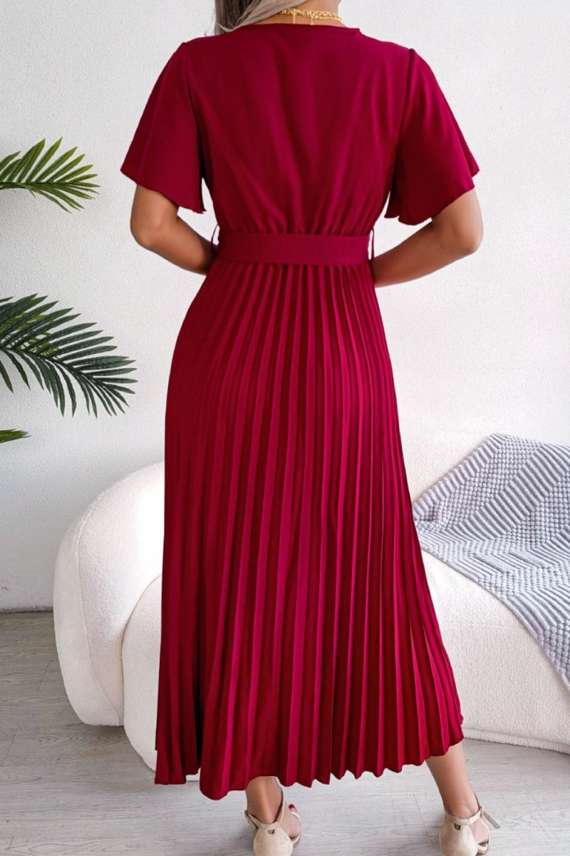 Pleated Flutter Sleeve Belted Dress - Fashion Bug Online