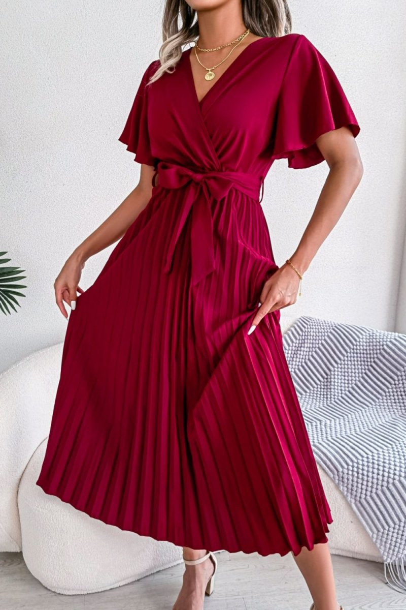 Pleated Flutter Sleeve Belted Dress - Fashion Bug Online
