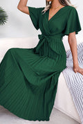 Pleated Flutter Sleeve Belted Dress - Fashion Bug Online