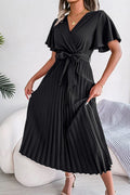 Pleated Flutter Sleeve Belted Dress - Fashion Bug Online
