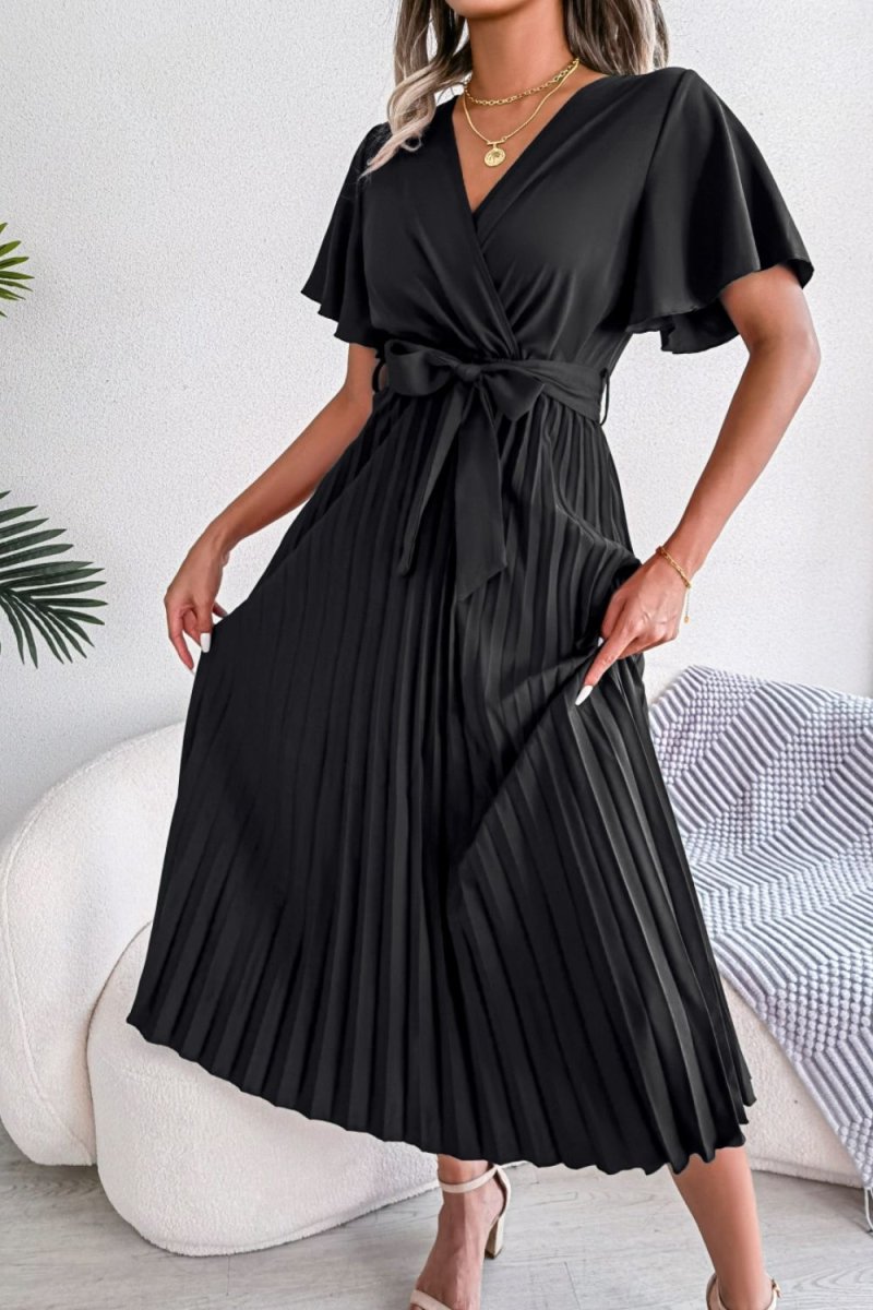 Pleated Flutter Sleeve Belted Dress - Fashion Bug Online