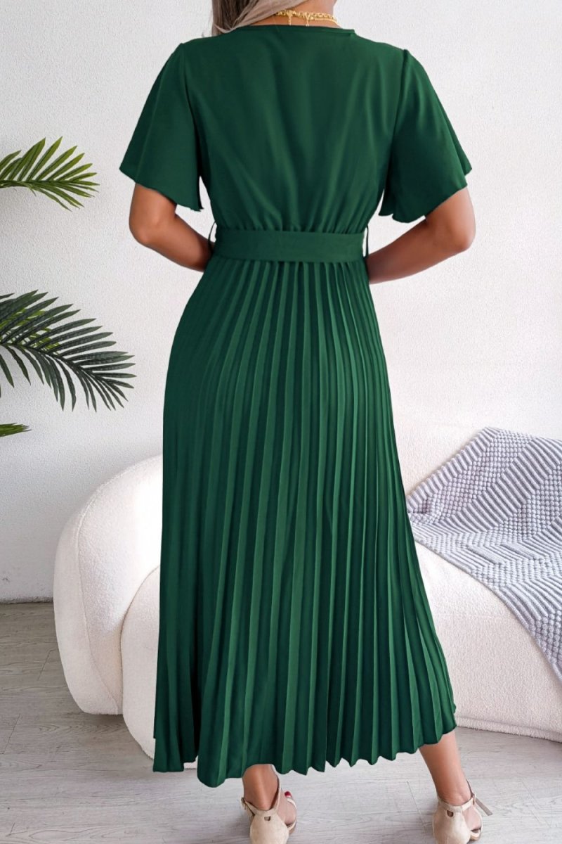 Pleated Flutter Sleeve Belted Dress - Fashion Bug Online