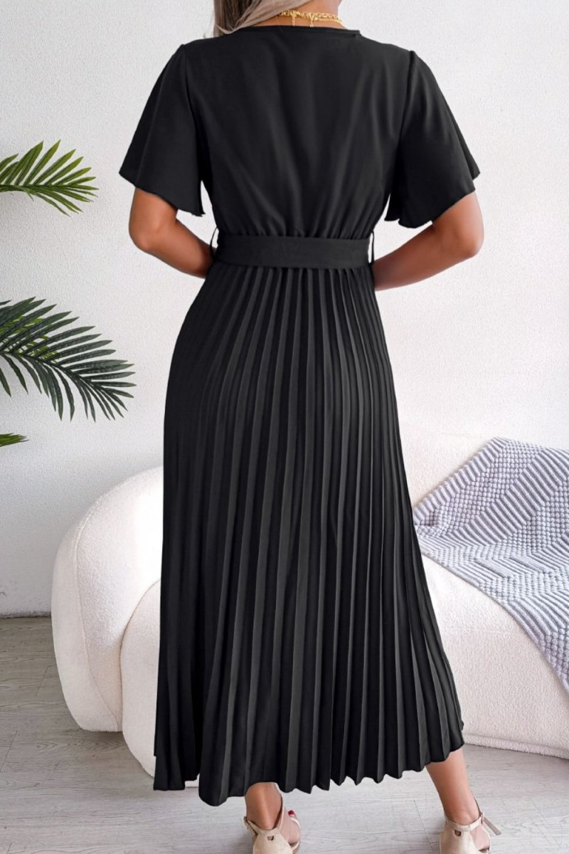 Pleated Flutter Sleeve Belted Dress - Fashion Bug Online