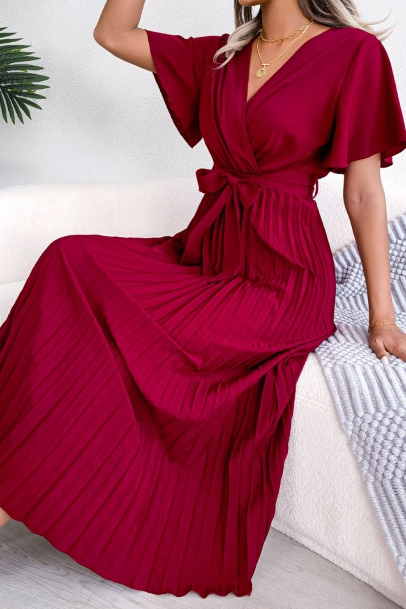 Pleated Flutter Sleeve Belted Dress - Fashion Bug Online