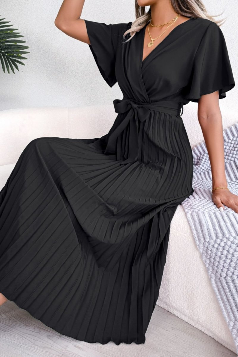 Pleated Flutter Sleeve Belted Dress - Fashion Bug Online