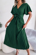 Pleated Flutter Sleeve Belted Dress - Fashion Bug Online