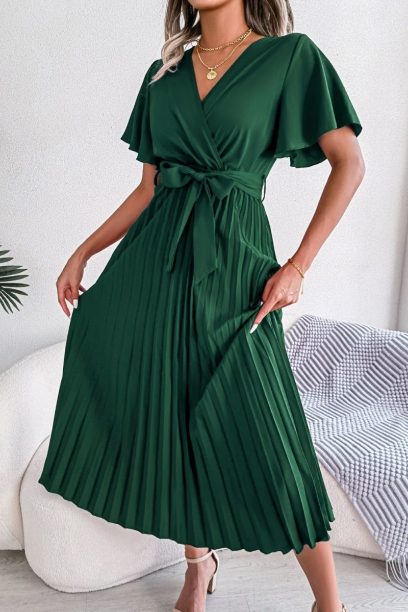 Pleated Flutter Sleeve Belted Dress - Fashion Bug Online
