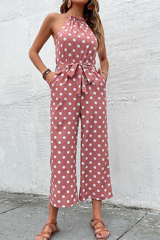 Polka Dot Grecian Wide Leg Jumpsuit - Fashion Bug Online