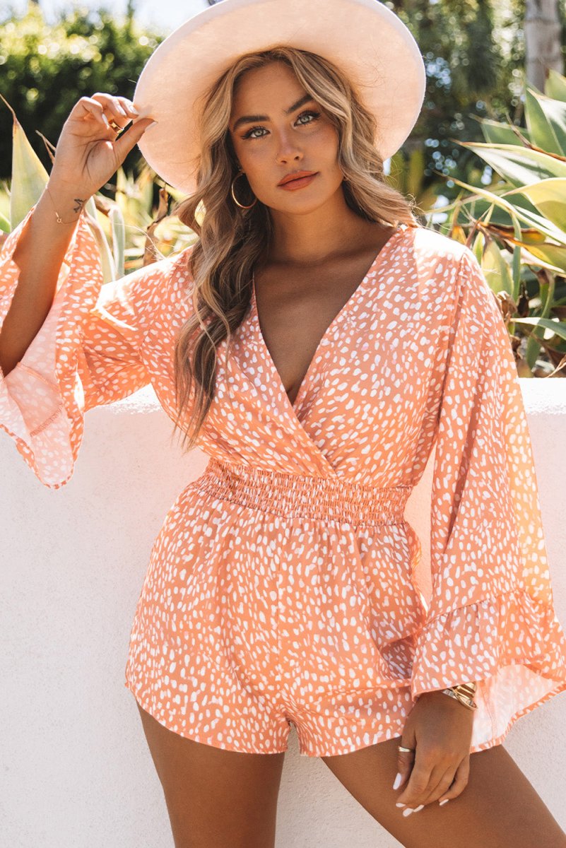Printed Flare Sleeve Surplice Romper - Fashion Bug Online