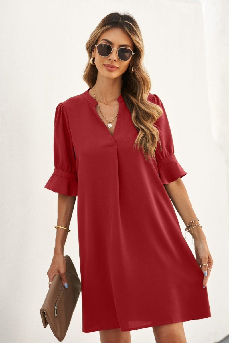 Puff Sleeve Notched Mini Shift Dress - Fashion Bug Online