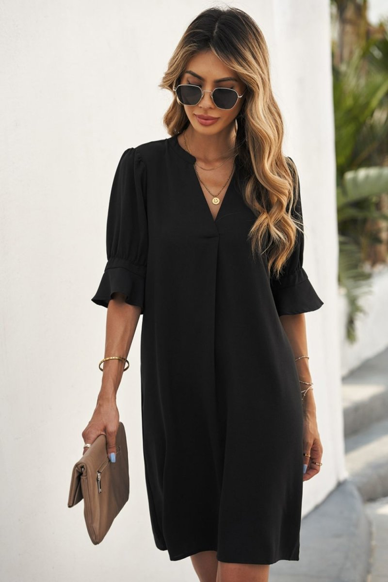 Puff Sleeve Notched Mini Shift Dress - Fashion Bug Online