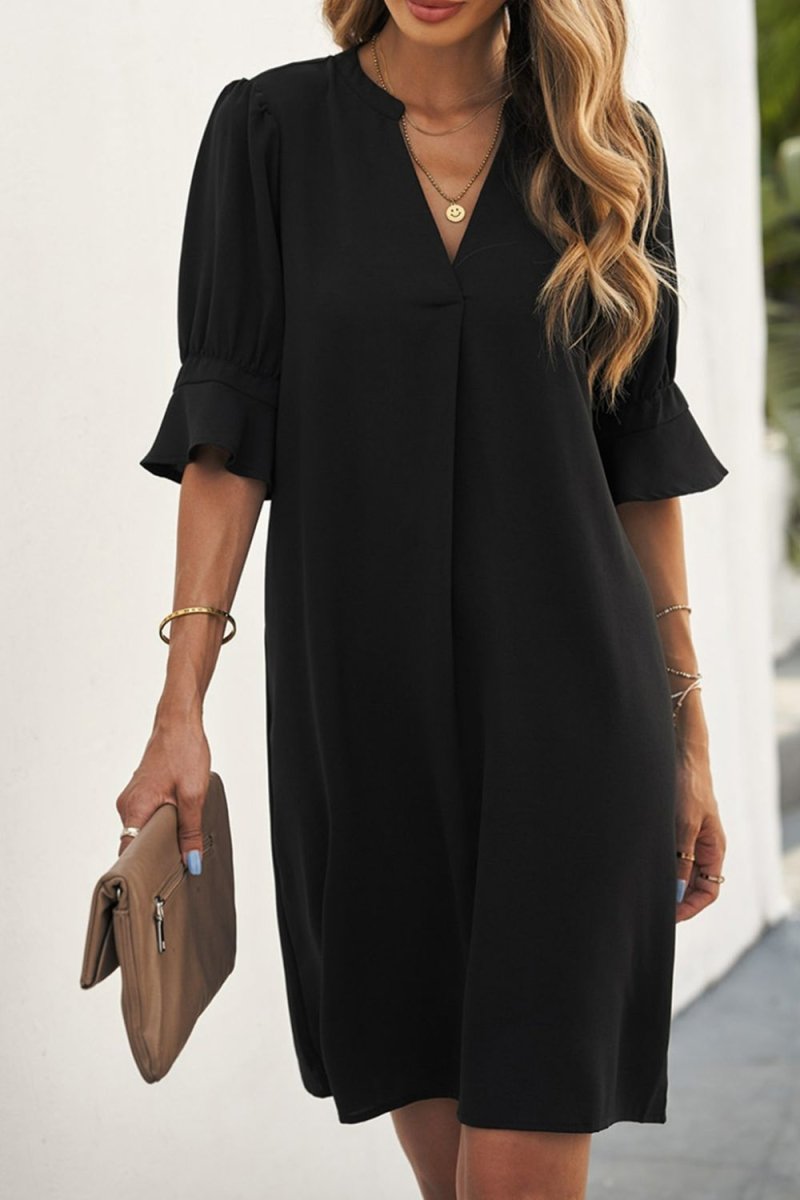 Puff Sleeve Notched Mini Shift Dress - Fashion Bug Online