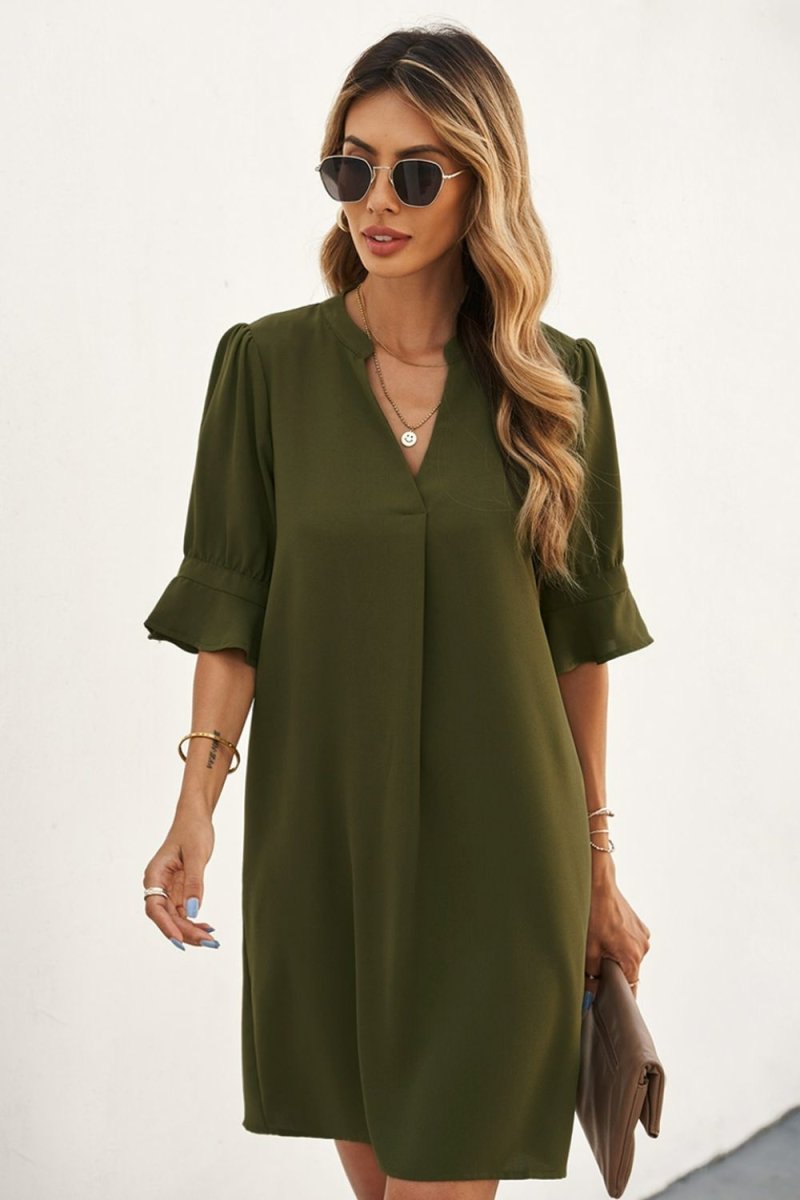 Puff Sleeve Notched Mini Shift Dress - Fashion Bug Online