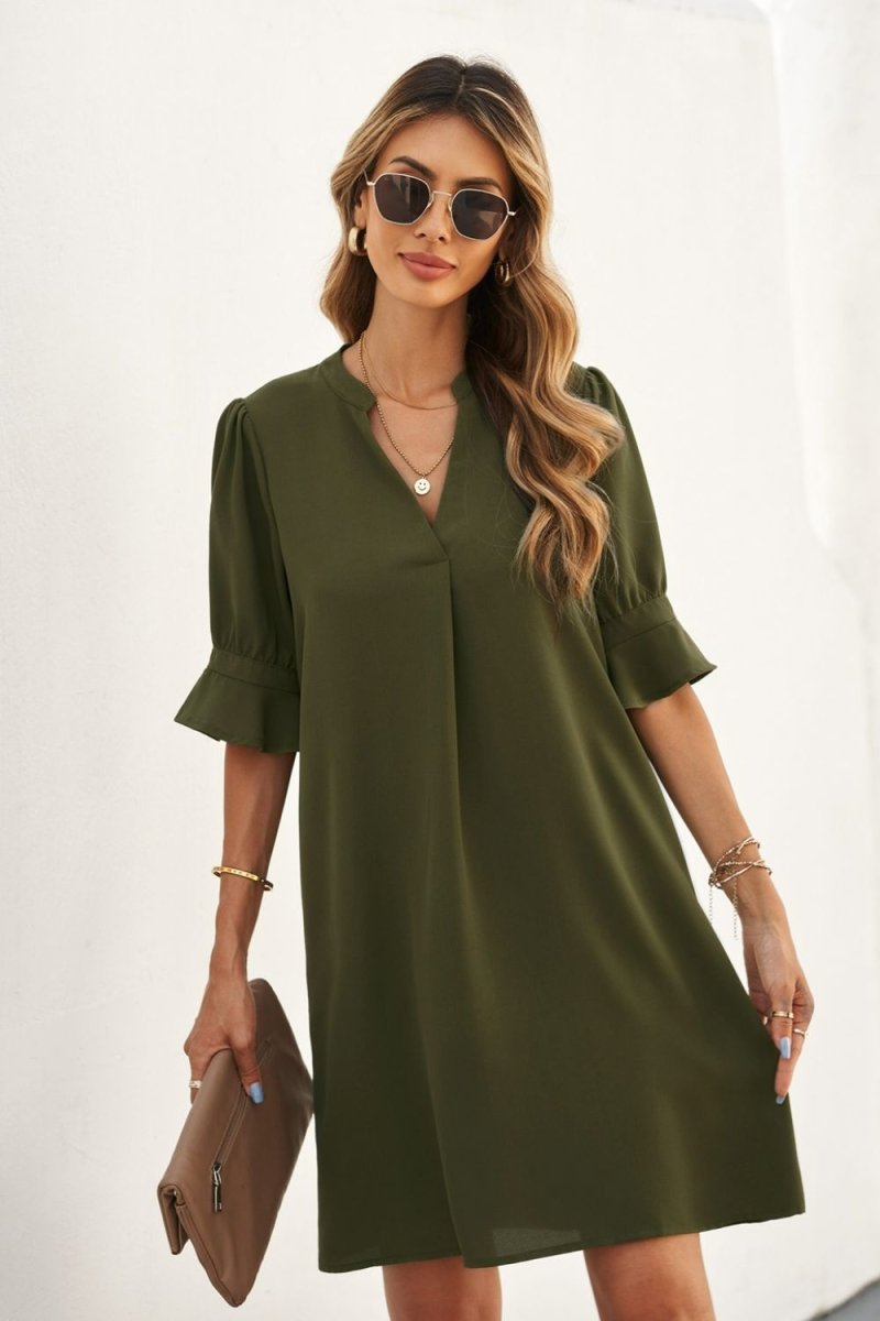 Puff Sleeve Notched Mini Shift Dress - Fashion Bug Online