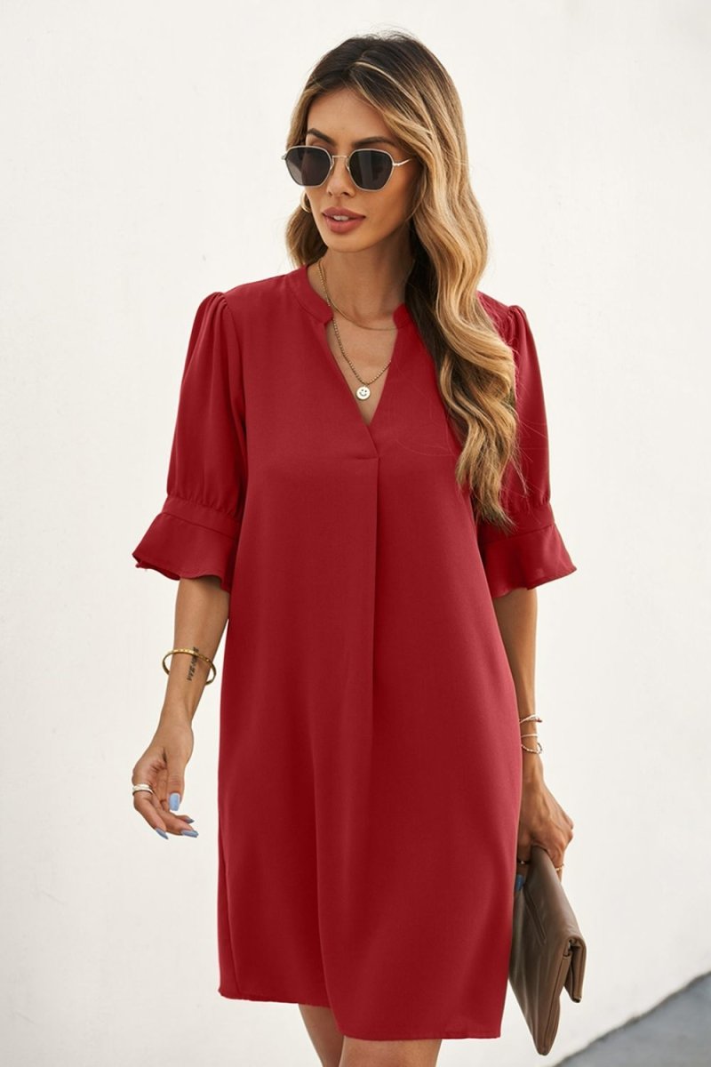 Puff Sleeve Notched Mini Shift Dress - Fashion Bug Online