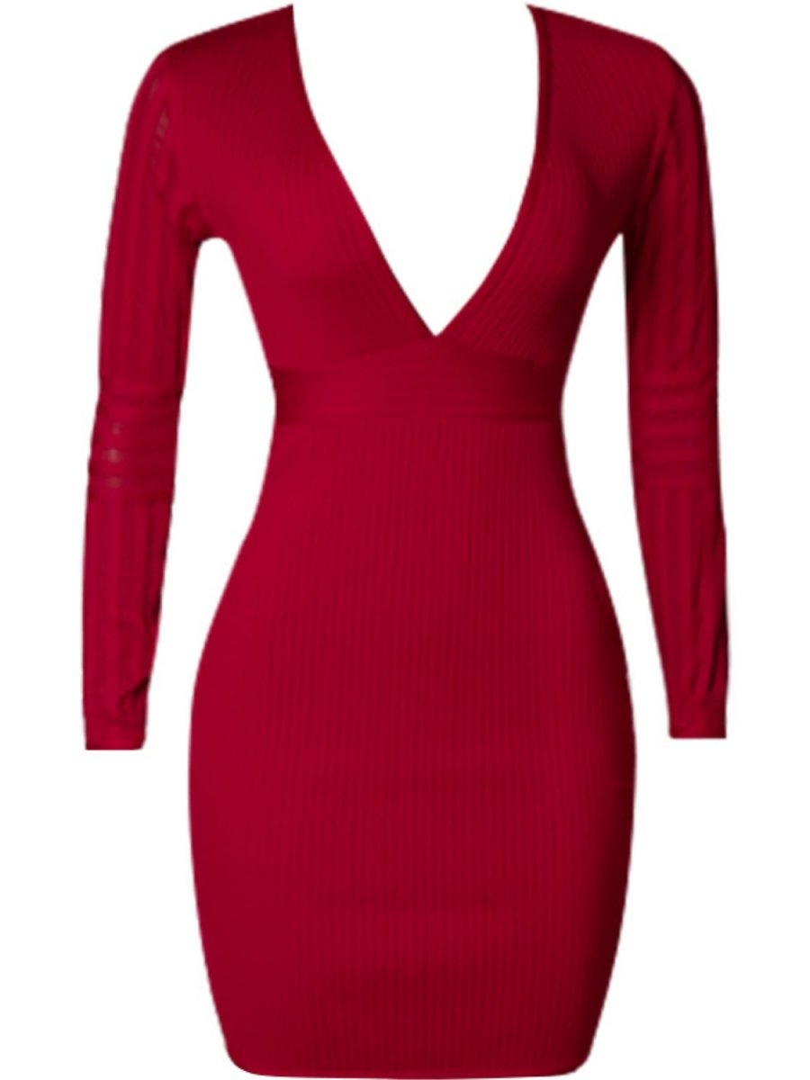 Ribbed Deep V Long Sleeve Mini Bandage Dress - Fashion Bug Online