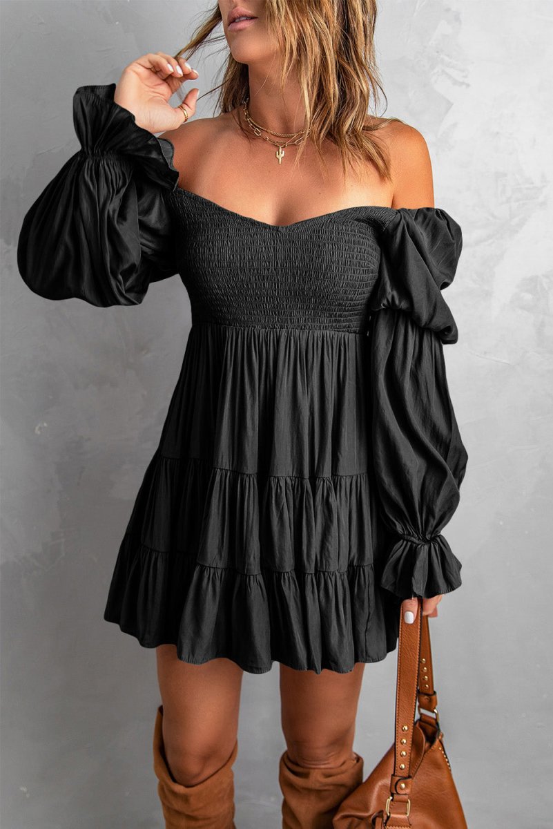 Smocked Off-Shoulder Tiered Mini Dress - Fashion Bug Online