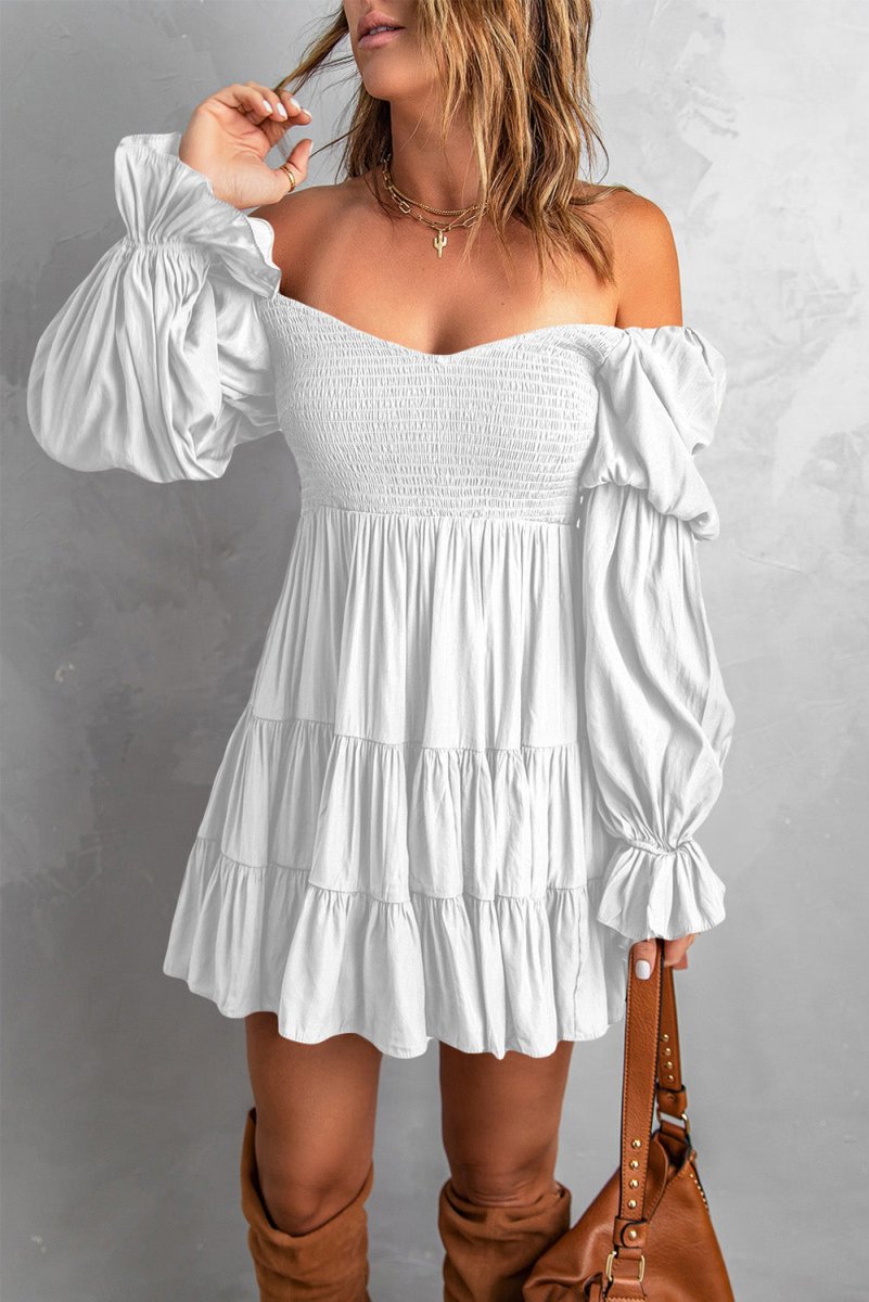 Smocked Off-Shoulder Tiered Mini Dress - Fashion Bug Online