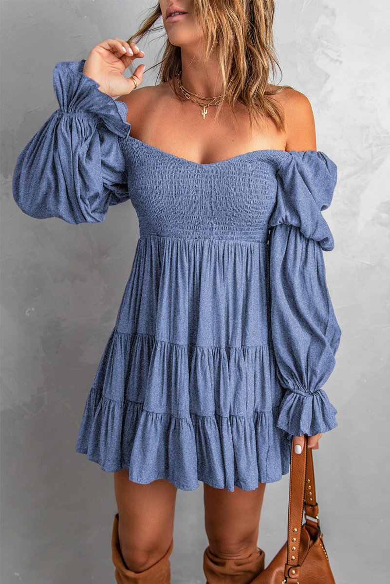 Smocked Off-Shoulder Tiered Mini Dress - Fashion Bug Online