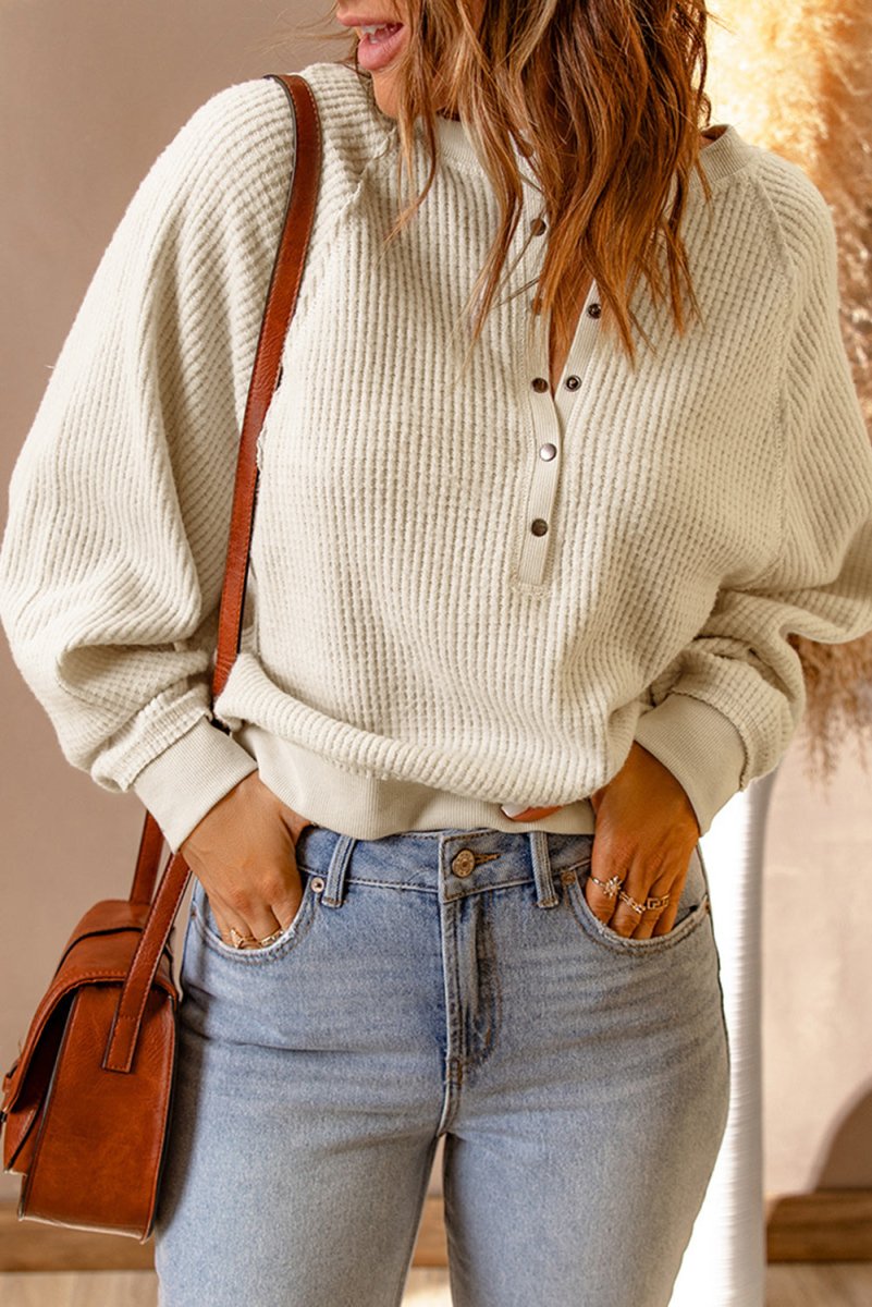 Snap Front Raglan Sleeve Waffle-Knit Top - Fashion Bug Online
