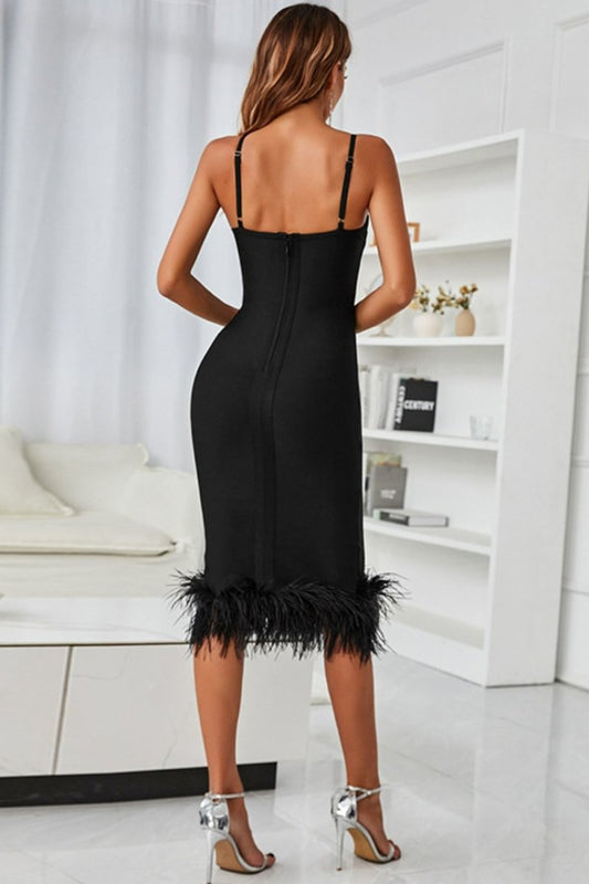 Spaghetti Strap Feather Trim Bodycon Dress - Fashion Bug Online