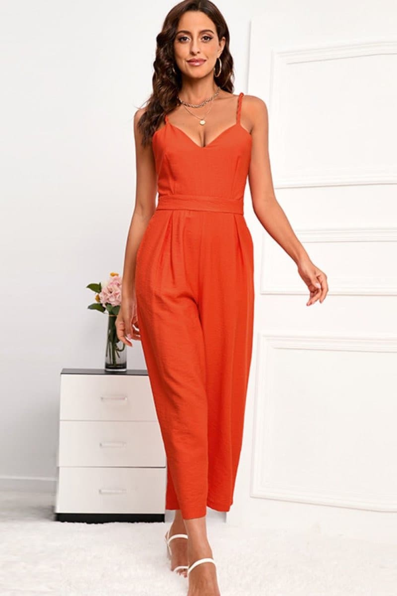Spaghetti Strap Wide Leg Jumpsuit with Pockets - Fashion Bug Online