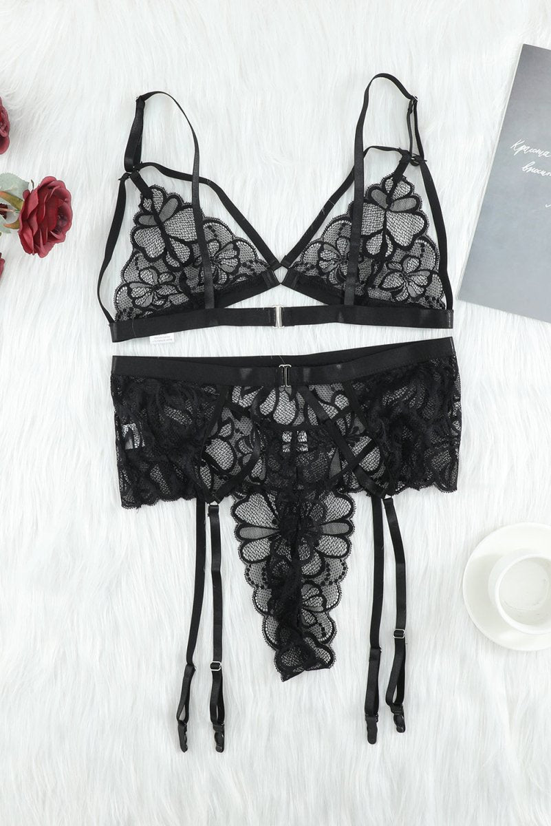 Strappy Three-Piece Lace Lingerie Set - Fashion Bug Online