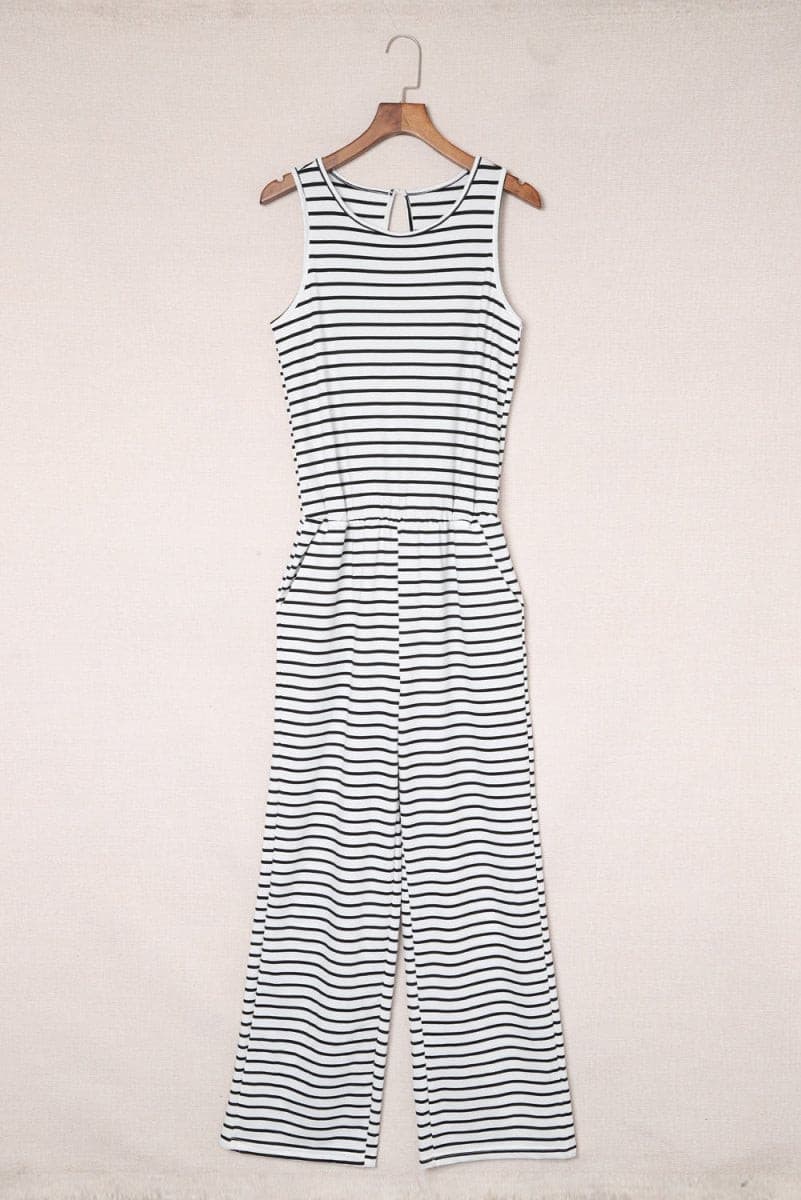 Striped Sleeveless Jumpsuit with Pockets - Fashion Bug Online