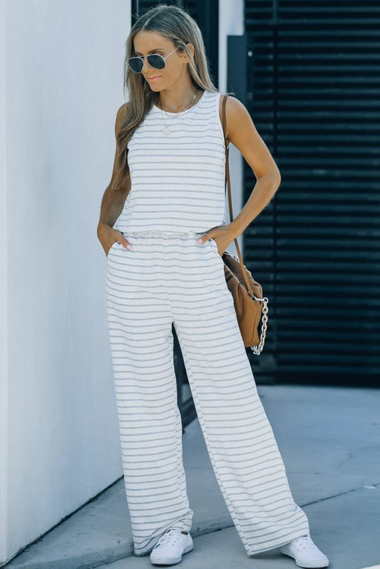 Striped Sleeveless Jumpsuit with Pockets - Fashion Bug Online