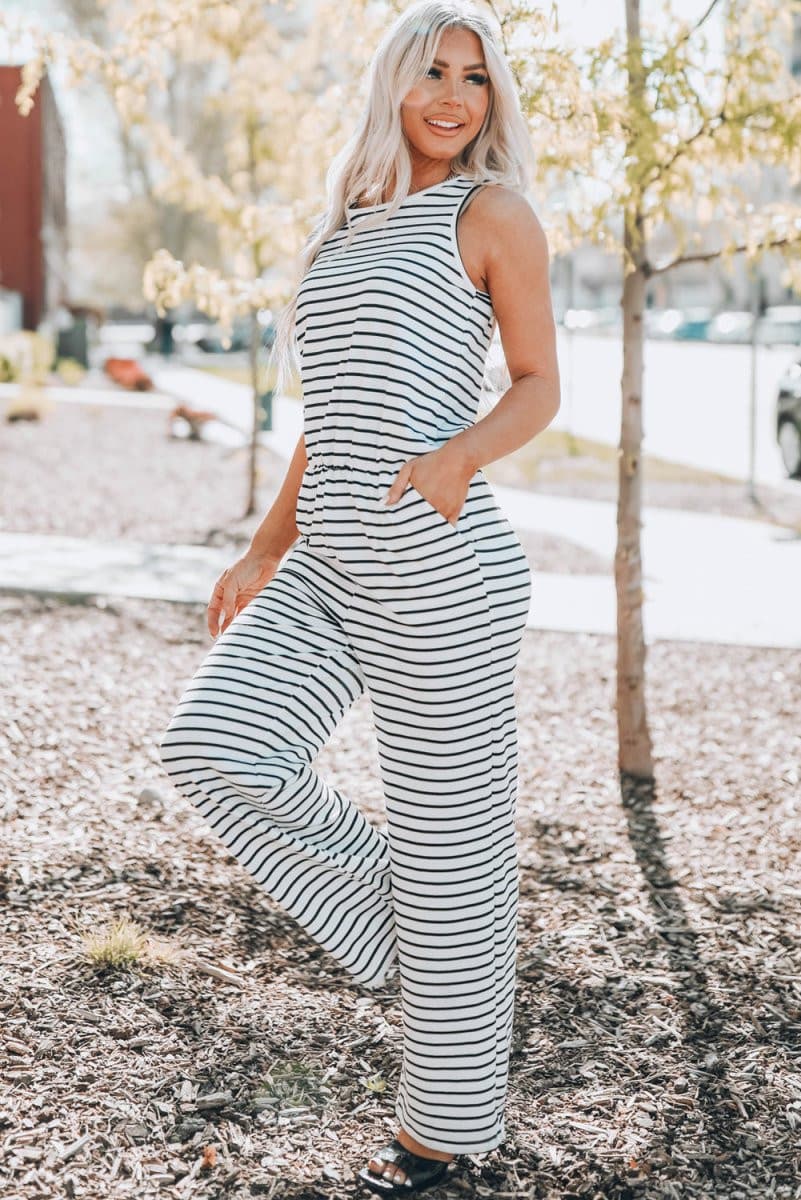Striped Sleeveless Jumpsuit with Pockets - Fashion Bug Online