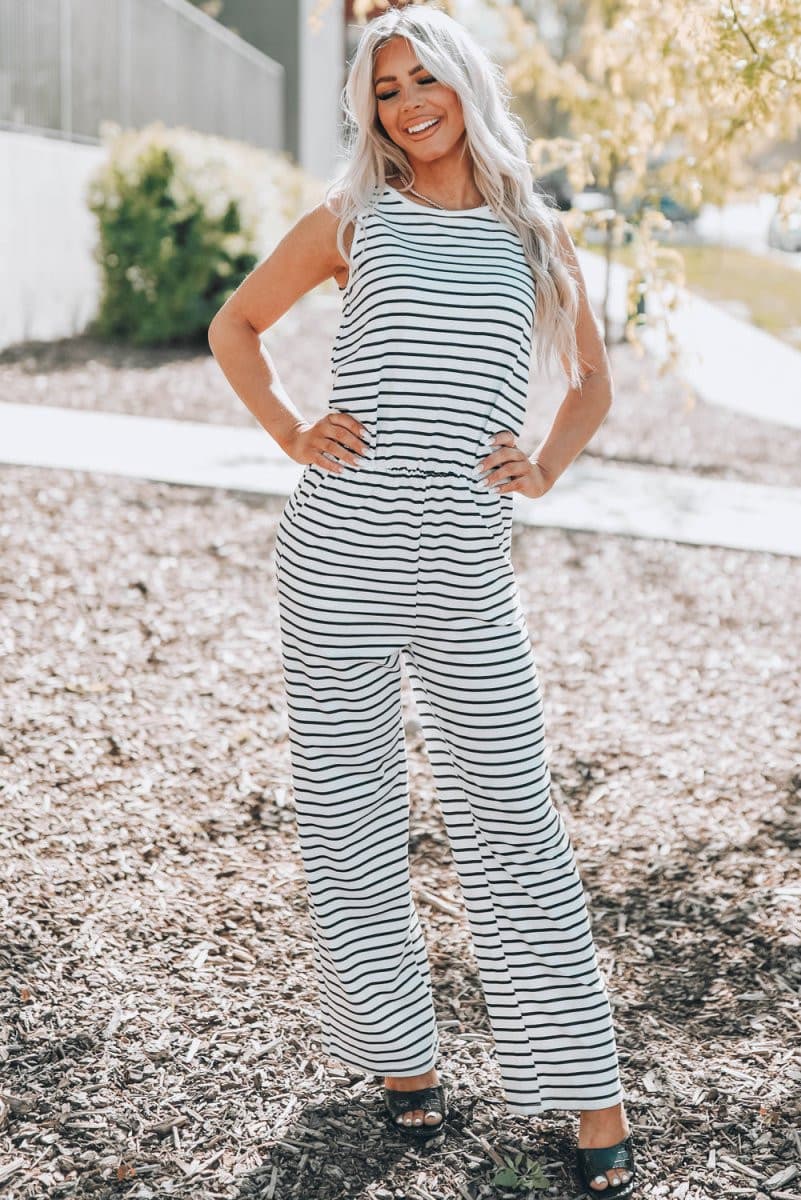 Striped Sleeveless Jumpsuit with Pockets - Fashion Bug Online