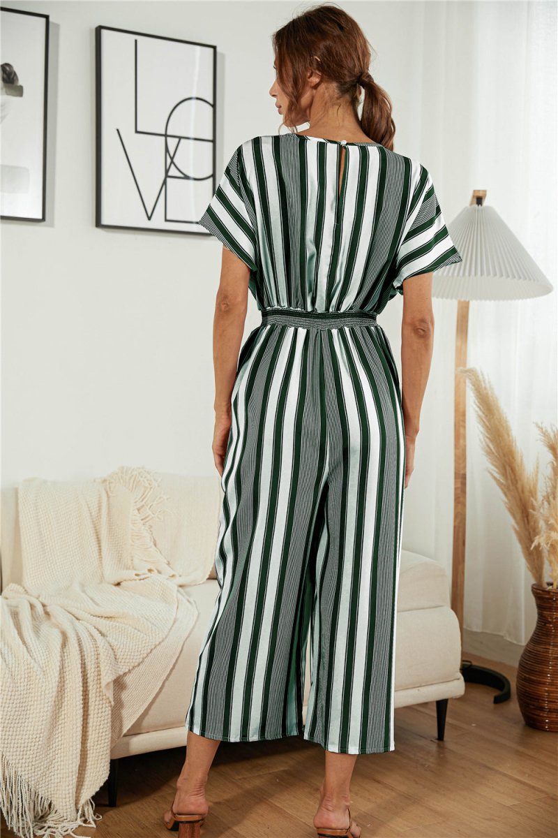 Striped V Neck Wide Leg Jumpsuit - Fashion Bug Online