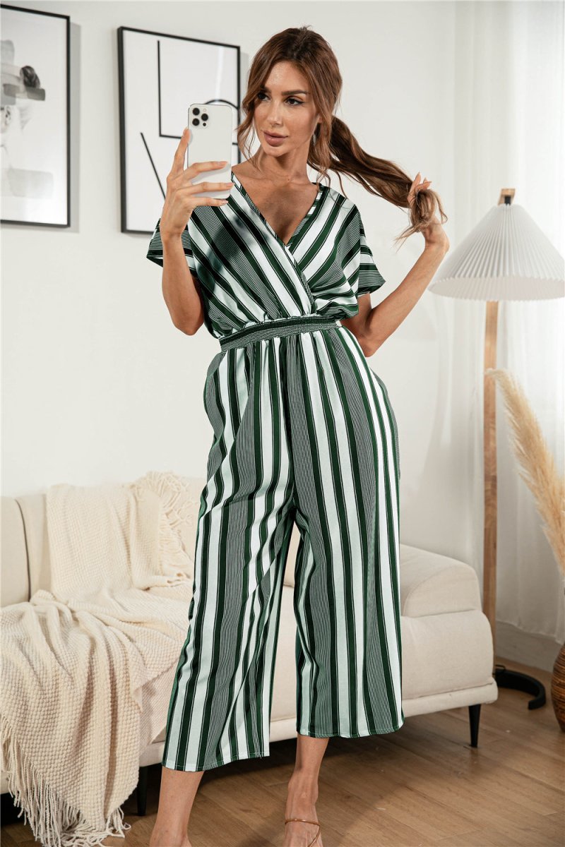 Striped V Neck Wide Leg Jumpsuit - Fashion Bug Online