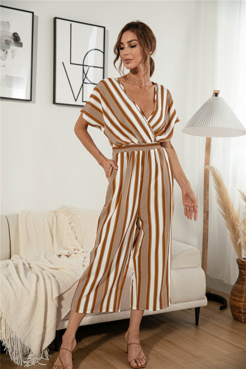 Striped V Neck Wide Leg Jumpsuit - Fashion Bug Online