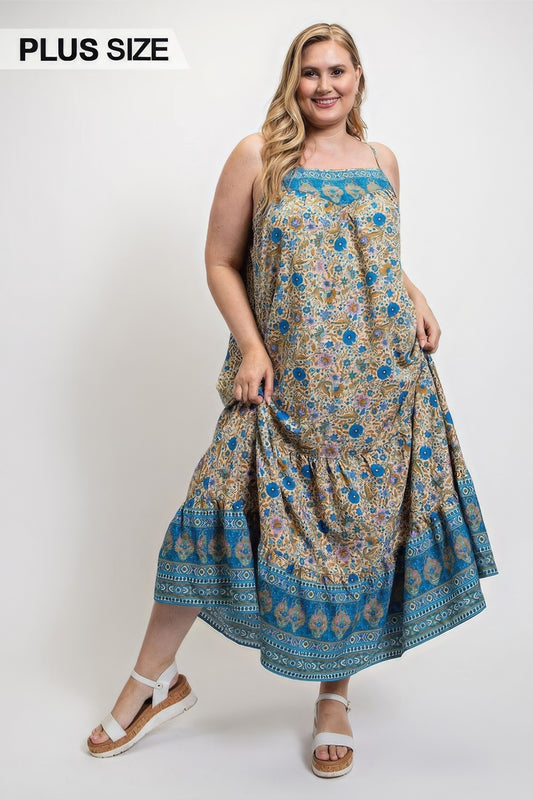 Floral And Aztec Print Drop Down Maxi Dress With Spaghetti Strap