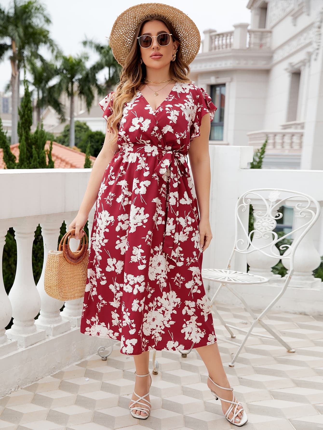 Plus Size Floral Tie Waist Surplice Neck Midi Dress – Fashion Bug Online