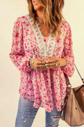 Floral Lace Trim Balloon Sleeve Blouse